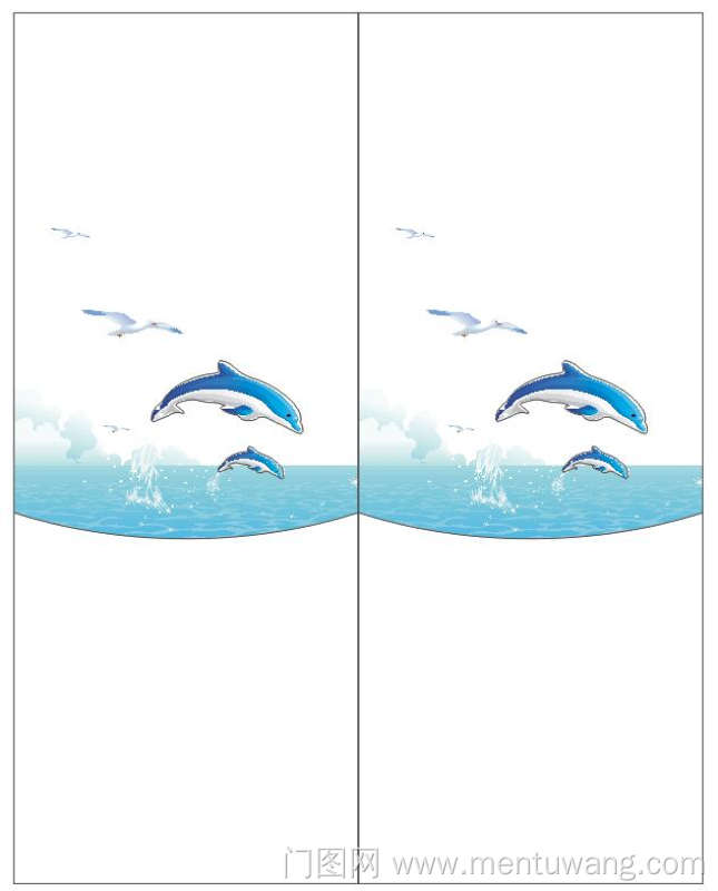  移门图 雕刻路径 橱柜门板  SM17-023 艺浪板,精雕UV打印,艺术玻璃,百叶板门 海豚，鱼，水，鹤，鸟，海，小浪，水花，蓝色