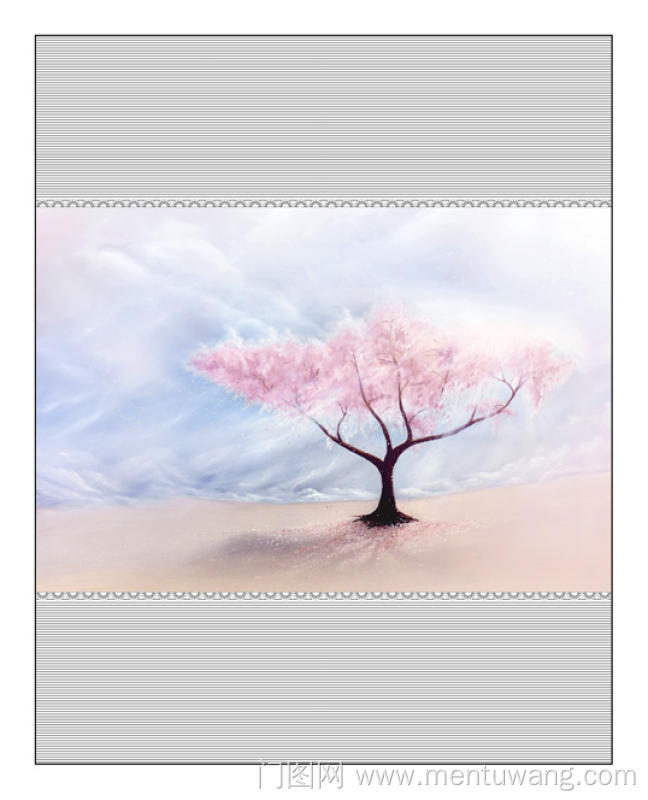  移门图 雕刻路径 橱柜门板  0 UV打印 EM-A9071 蓝天白云 粉色大树 一棵树 彩绘图