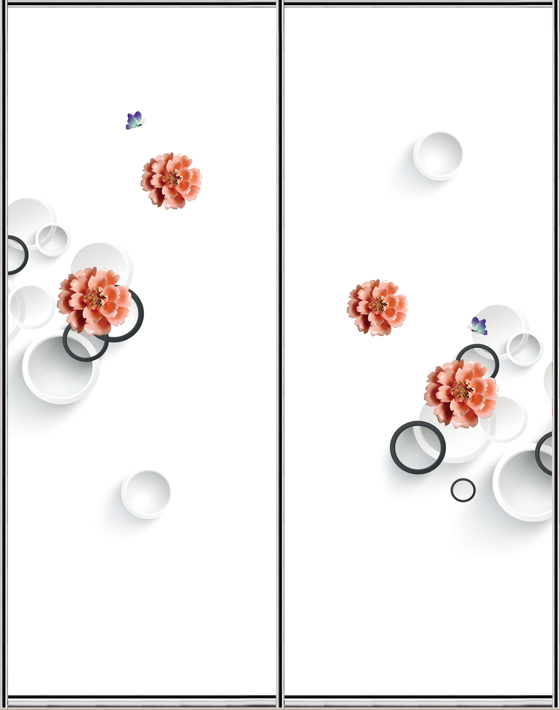 IW-9045  精雕UV打印,雕刻移门,UV打印,吸塑精雕,高光系列 圆圈 圆形 圈圈 红花 黑白圈 3D花朵 蝴蝶 牡丹 花朵 玉雕 彩绘 彩雕 UV打印 高光 平板打印 移门 推拉门 滑动门 衣柜门