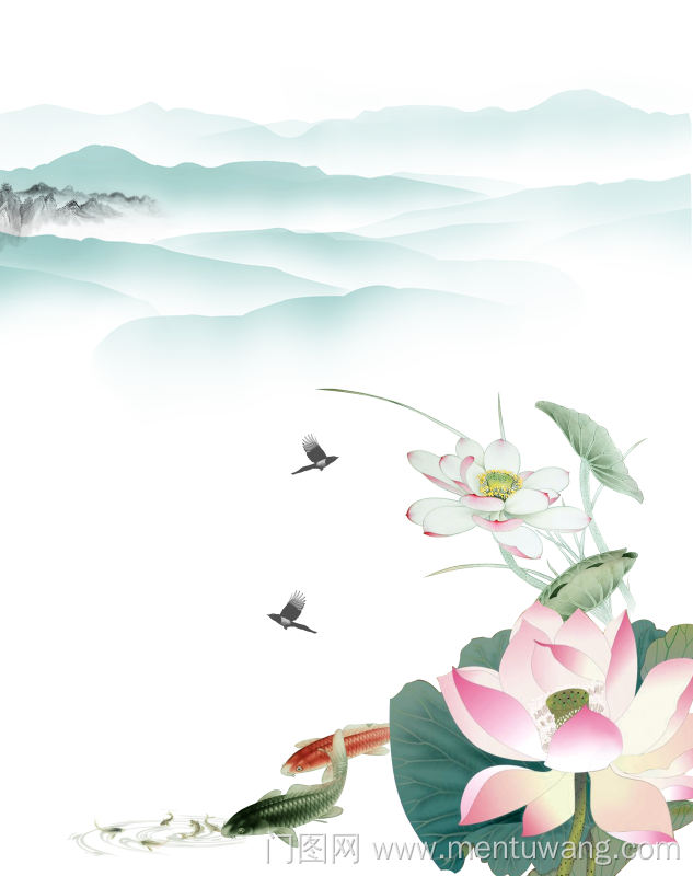  移门图 雕刻路径 橱柜门板  荷花鱼 绿色山水 国画水墨 新款,高光系列 荷花 鱼 山水 绿色 水墨 山水画 风景画 鸟 花鸟 荷叶 国画