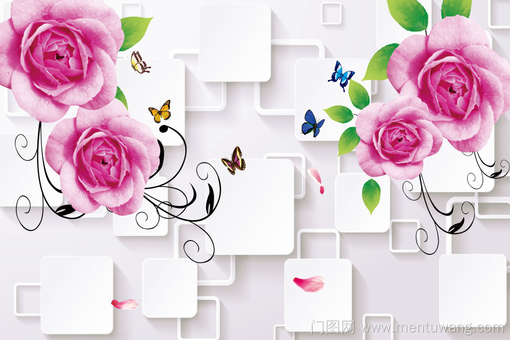  移门图 雕刻路径 橱柜门板  X6-200 新款,UV打印,高光系列 背景墙 玫瑰 蝴蝶 叶子 藤条 立体 