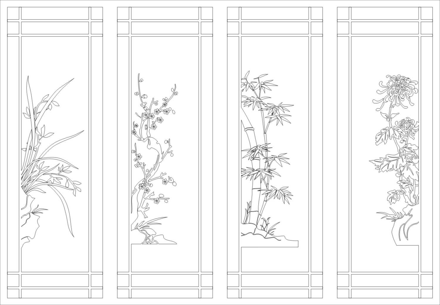 梅兰竹菊 瓦伦板,雕刻移门,镜艺,艺术玻璃,百叶板门,平开衣柜门,橱柜门 梅兰竹菊 梅兰菊竹 门图 移门 平开门 推拉门 艺术玻璃 镂空图 欧式花 欧式图 简欧 玉砂 冰雕 蒙砂 丝印 移印 腰花 花纹 镂空花纹 雕花图案 装饰花纹 通花 密度雕花 雕刻图 矢量图