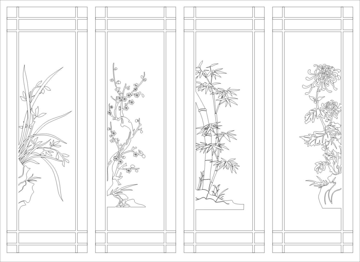 梅兰竹菊 瓦伦板,雕刻移门,镜艺,艺术玻璃,百叶板门,平开衣柜门,橱柜门 梅兰竹菊 梅兰菊竹 门图 移门 平开门 推拉门 艺术玻璃 镂空图 欧式花 欧式图 简欧 玉砂 冰雕 蒙砂 丝印 移印 腰花 花纹 镂空花纹 雕花图案 装饰花纹 通花 密度雕花 雕刻图 矢量图
