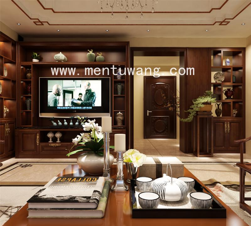 3D03294-G客餐厅 (2) 包覆 客厅电视柜效果图，全屋定制效果图，定制家居效果图，中式客厅效果图