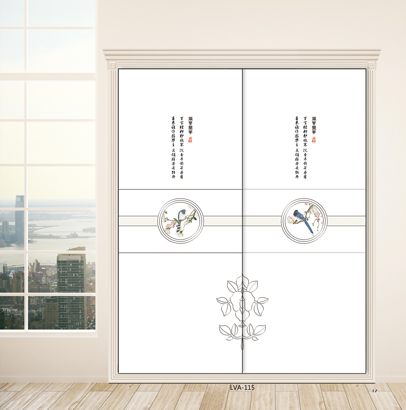  移门图 雕刻路径 橱柜门板  LVA-115 彩雕板,新款,UV打印,高光系列 玉兰花 鸟 LV10 LV十 雕刻彩绘 高光打印