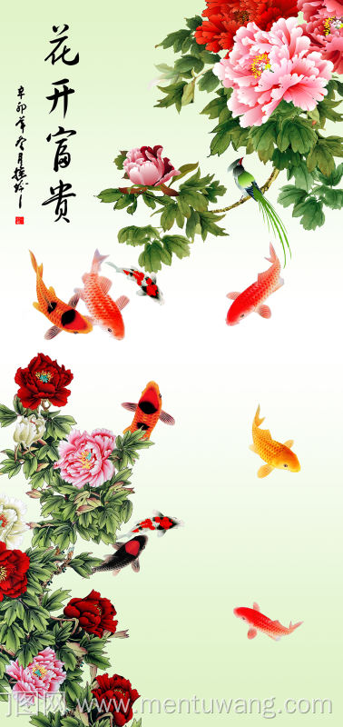平开衣柜门,整体衣柜,高光系列 花开富贵 牡丹 鲤鱼 花开富贵 九鱼 平