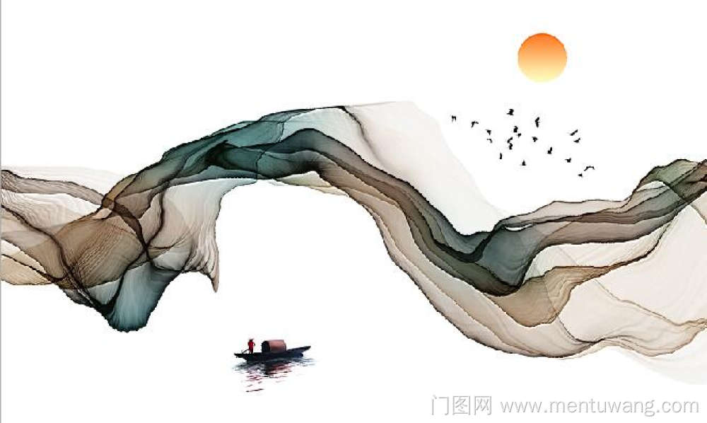 太阳水墨手绘山水船